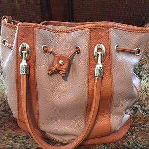 Valentina 2 Tone Pebbled Leather Bucket Bag w/ Drawstring and Shoulder Strap